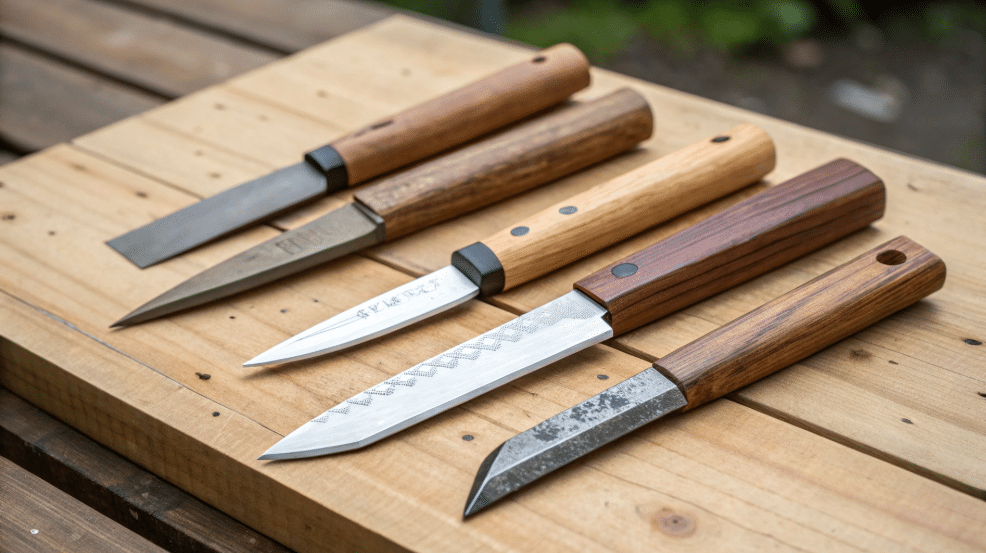 Types of Japanese Wood Carving Knives - Japanes Knives Tips The image showcases various types of Japanese wood carving knives, including the small and sharp Kiridashi knife, ideal for detailed carving and outdoor projects like camping. Each knife features a unique blade length and shape, designed for specific tasks such as marking wood or cutting mortises, highlighting the craftsmanship of Japanese high carbon steel tools.