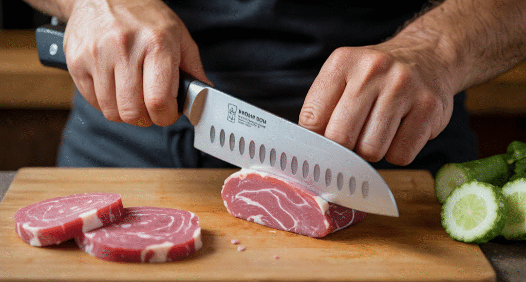 A person using a Santoku Knife to cut meat.