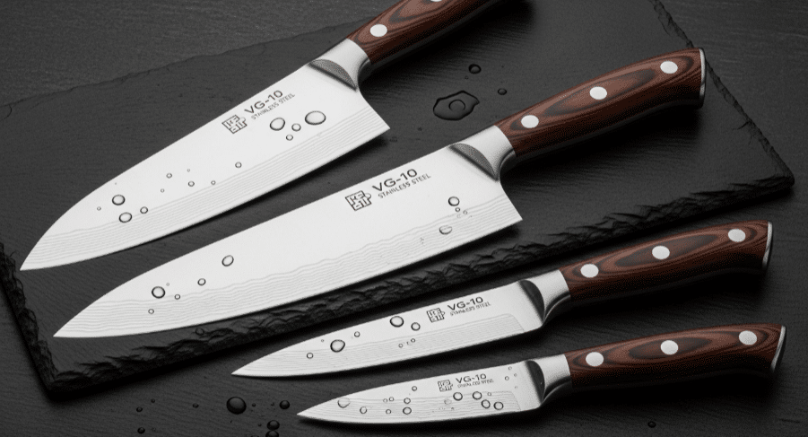 VG 10 Knives - Japanes Knives Tips The image showcases various kitchen knives made from VG 10 stainless steel, highlighting their superior edge retention and excellent corrosion resistance. The blades feature a durable edge geometry, designed for high wear resistance, making them ideal for both professional chefs and home cooks.