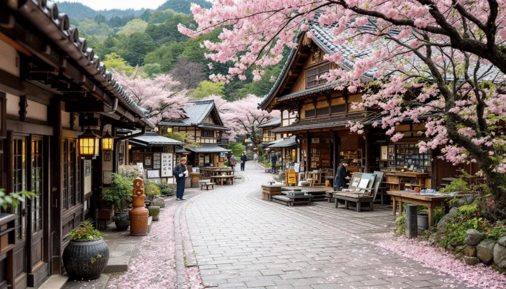 Visiting Takefu Knife Village Japan - Japanes Knives Tips The image depicts the vibrant Takefu Knife Village in Japan during spring, showcasing traditional workshops and a museum dedicated to the art of knife making. Cherry blossoms and plum trees frame the scene, adding color and beauty as craftsmen skillfully work on forging blades, highlighting the rich heritage of Echizen City in Fukui Prefecture.