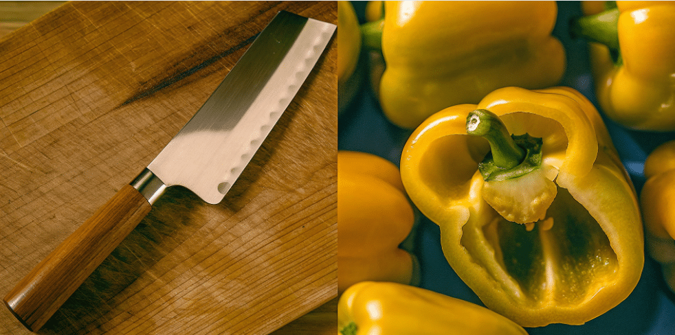The image features a nakiri knife, a traditional Japanese vegetable knife characterized by its straight, rectangular blade designed for precise cuts. The knife is shown with a sleek mahogany handle, highlighting its lightweight design and sharp blade, ideal for chopping hard vegetables like onions and bell peppers.