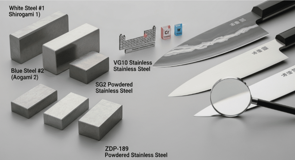 The image depicts various types of steel used in Japanese knives, highlighting the unique properties of carbon steel and stainless steels. It emphasizes the importance of different alloy compositions, such as the inclusion of chromium and tungsten, which enhance toughness, edge retention, and corrosion resistance in high carbon steel knives.