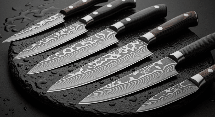 What Makes VG 10 Steel - Japanes Knives Tips The image illustrates various kitchen knives made from VG 10 steel, highlighting their sharp edges and superior edge retention. The knives are displayed against a backdrop that emphasizes their excellent corrosion resistance and high wear resistance, showcasing the unique properties that make VG 10 a preferred choice in the knife industry.