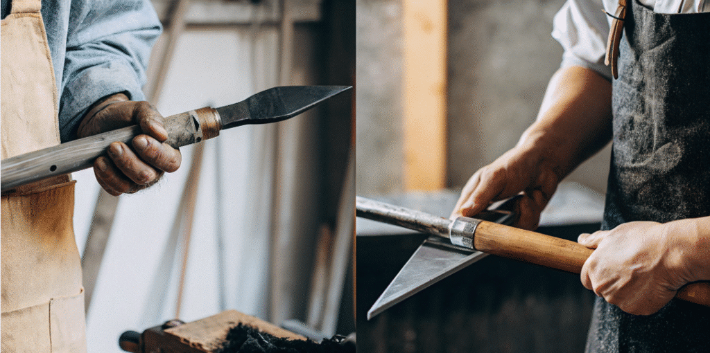 What Makes the Kiridashi Kogatana Special - Japanes Knives Tips The image showcases a beautifully crafted kiridashi kogatana, a traditional Japanese marking knife made from high carbon steel. Its hand-forged blade features a sharp edge and a secure grip, making it an ideal tool for detailed carving and woodworking tasks.