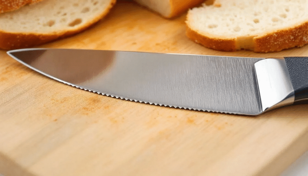 What to Look for in a Bread Knife - Japanes Knives Tips The image illustrates various types of bread knives, highlighting features such as serrated blades and high carbon stainless steel construction, ideal for slicing soft sandwich bread and crusty loaves. It emphasizes the importance of a sharp serrated edge for creating clean cuts through both hard crusts and soft interiors, making it a favorite among bakers.