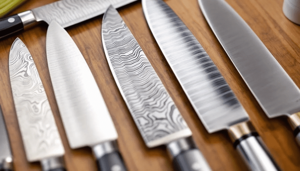 The image showcases various types of Japanese knives, highlighting their materials such as high carbon steel, Damascus steel, and stainless steel. Each knife is designed for specific kitchen tasks, emphasizing their exceptional sharpness, durability, and craftsmanship, making them ideal for both professional chefs and home cooks.