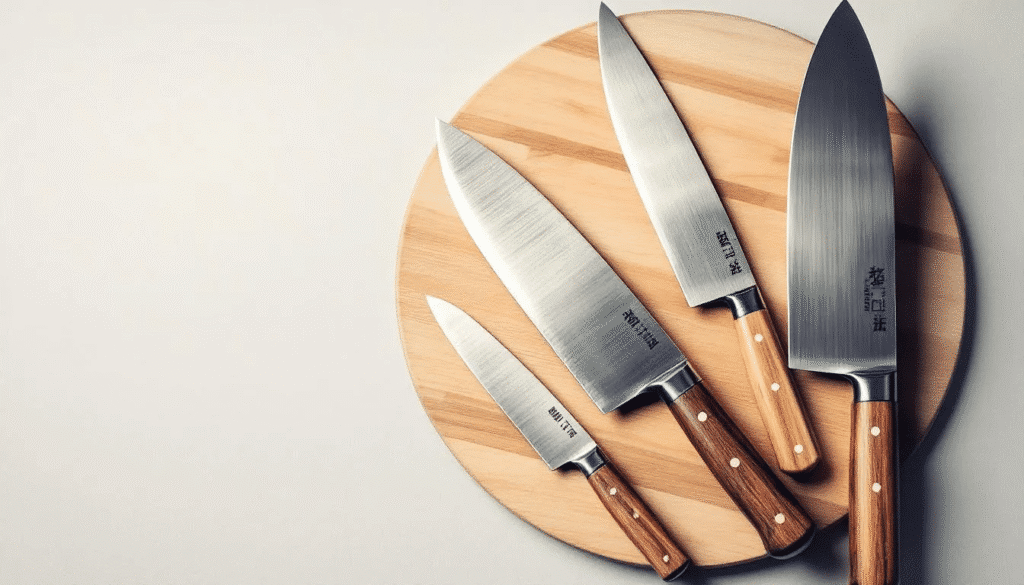 The image showcases a variety of high-quality Japanese kitchen knives, including santoku and usuba knives, each featuring beautifully crafted blades made from materials like carbon steel and Damascus steel. These knives are designed for precision cutting, ensuring exceptional sharpness and edge retention, making them ideal for both professional chefs and home cooks in the culinary world.