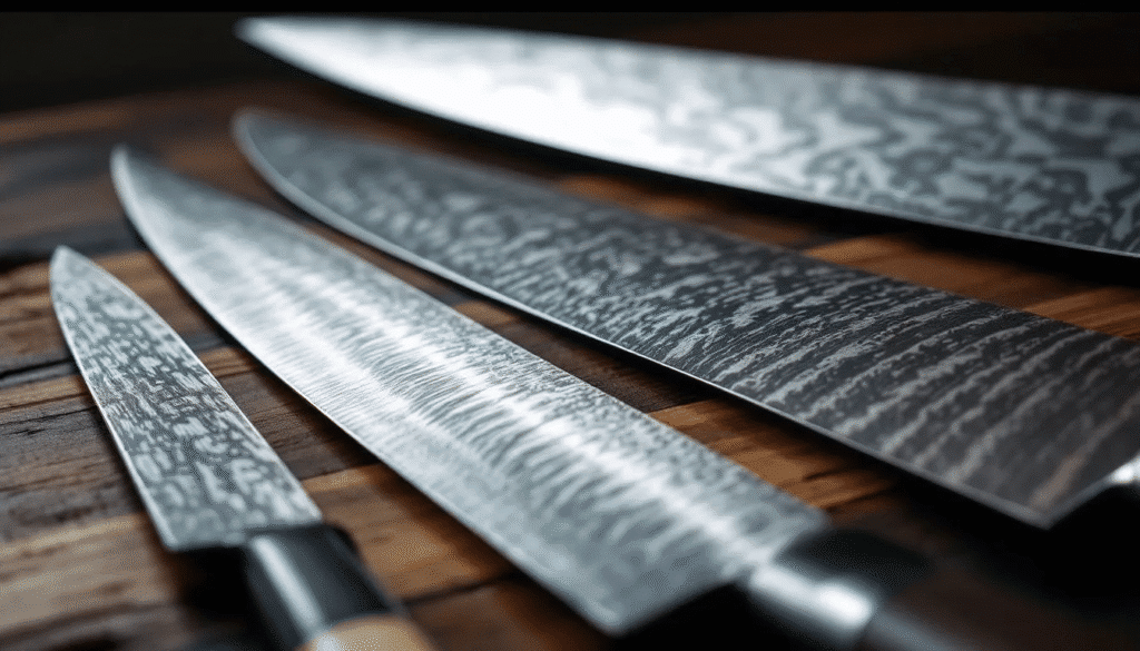 image - Japanes Knives Tips The image showcases various Japanese knives, including a kiritsuke knife and a chef's knife, highlighting their unique materials such as high carbon steel and Damascus steel. These knives are designed for precision cutting, featuring razor sharp edges that allow for delicate slices of vegetables and fish, making them essential tools for both home cooks and professional chefs.