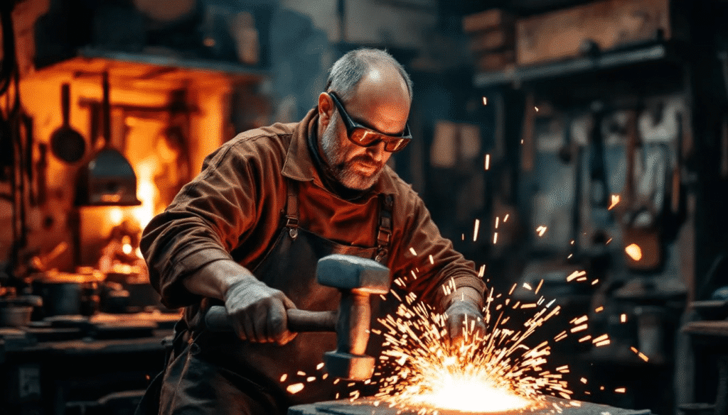 The image depicts a skilled blacksmith at work, hammering a glowing piece of steel on an anvil to create a handmade kitchen knife. The scene captures the artistry and precision involved in blacksmithing, showcasing the dedication to craftsmanship that results in unique, high-quality blades cherished by chefs and knife enthusiasts alike.