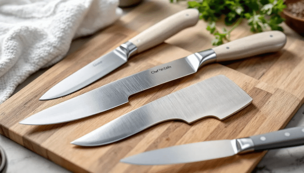 The image showcases a variety of kitchen knives, including chef’s knives, paring knives, and slicing knives, each designed for specific culinary tasks. The different shapes and sizes of the blades highlight the craftsmanship involved in creating these essential tools for chefs and cooking enthusiasts.