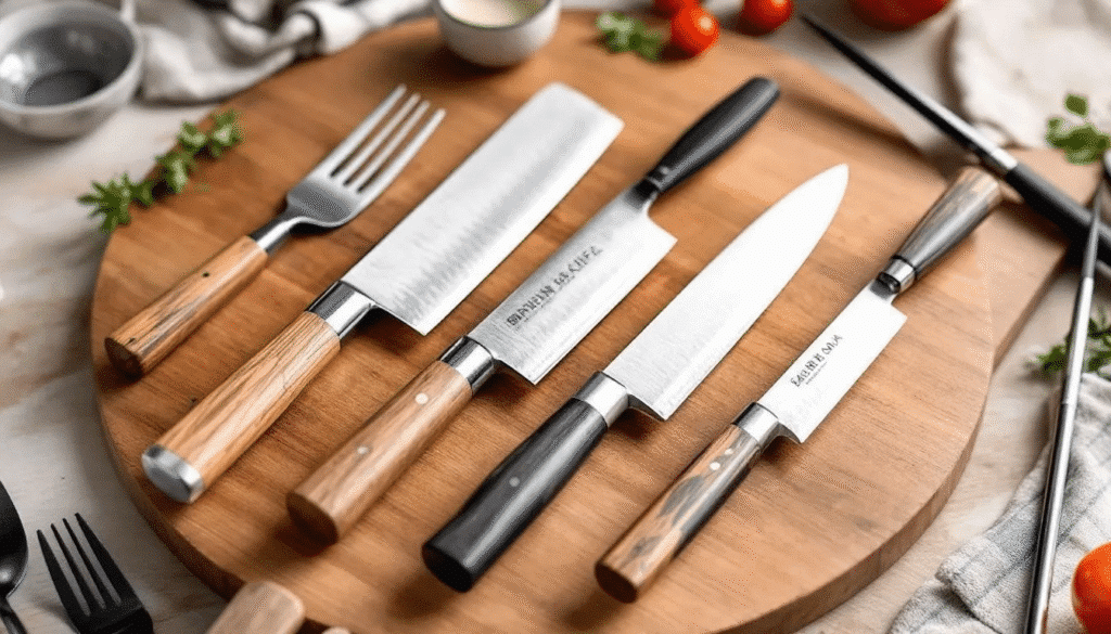 The image showcases a variety of Japanese knives, highlighting their elegant designs and sharp blades. Featuring different styles like a chef's knife, paring knife, and utility knife, each blade is crafted from high-quality stainless steel and high carbon content, emphasizing their razor-sharp edges and superior rust resistance, perfect for both professional chefs and home cooks.