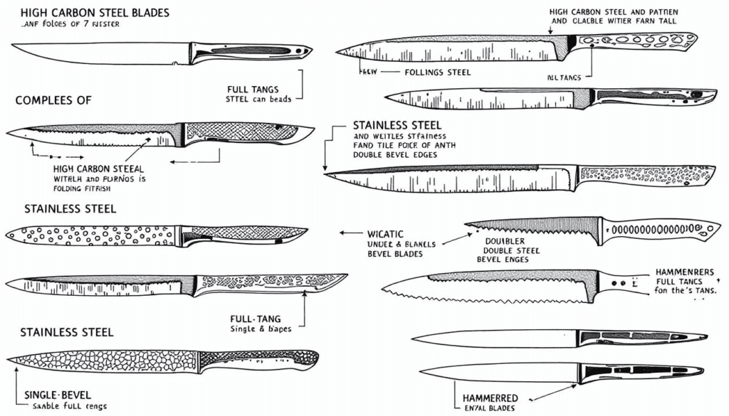 The image showcases various types of Japanese knives, highlighting their unique blade materials and construction techniques. It features high carbon steel blades known for their sharpness and edge retention, alongside stainless steel blades praised for rust resistance, demonstrating the craftsmanship involved in creating high quality Japanese knives.