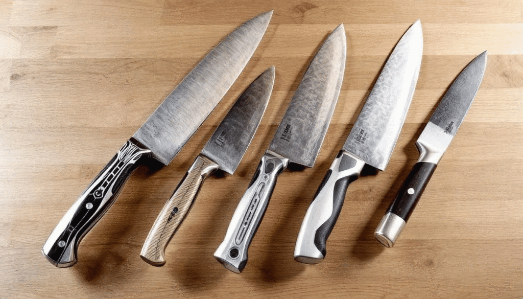 The image showcases a selection of top chef's knives, including the Shun Classic Chef’s Knife, Global G-2 Chef’s Knife, and Miyabi Fusion Chef’s Knife, highlighting their sharpness, balance, and lightweight designs. Each knife represents a blend of quality and value, catering to both professional chefs and home cooks seeking the best Japanese knives within various budgets.