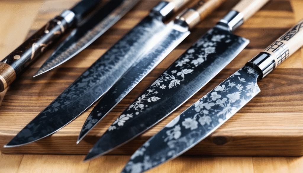 The image showcases a collection of exquisite Japanese knives, highlighting their sharp blades and elegant designs. Each knife, crafted with high-quality materials like carbon steel and Damascus steel, reflects the exceptional craftsmanship of Japanese knife makers, making them perfect for precise slicing and various kitchen tasks.
