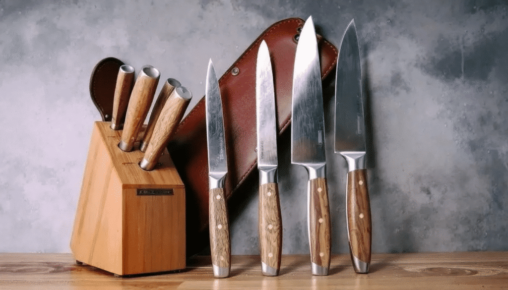 image - Japanes Knives Tips The image features a luxurious collection of the most expensive chef knife sets, showcasing various kitchen knives including Japanese chef knives and paring knives. Each knife is crafted with high-quality stainless steel, featuring incredibly sharp edges and comfortable D-shaped handles, perfect for professional chefs and home cooks alike.