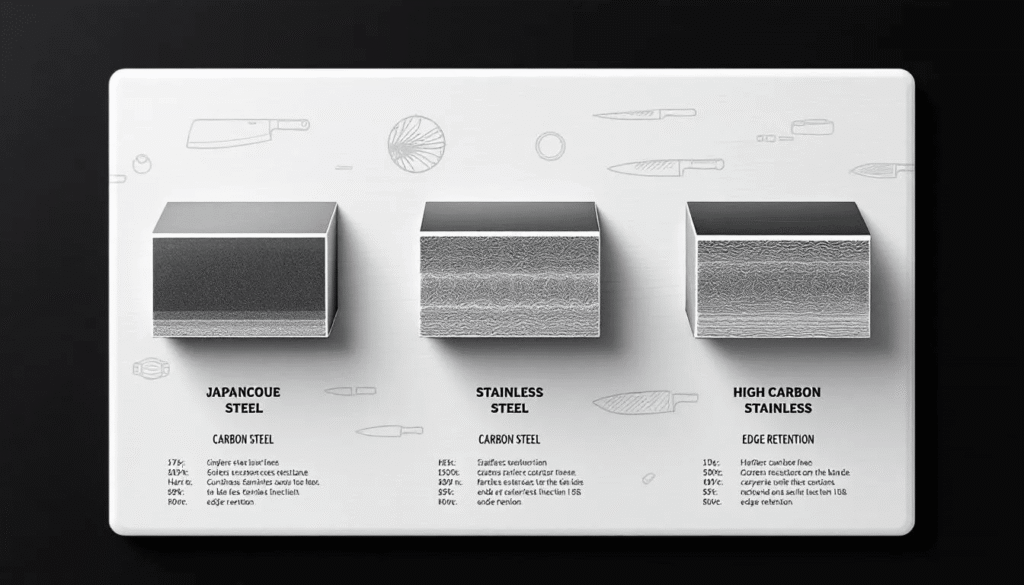 The image illustrates various Japanese knife steel types, highlighting carbon steel, stainless steel, and high carbon stainless steel. It emphasizes the unique properties of each, such as the excellent edge retention of carbon steel knives like white steel and blue steel, alongside the corrosion resistance found in stainless steel knives.
