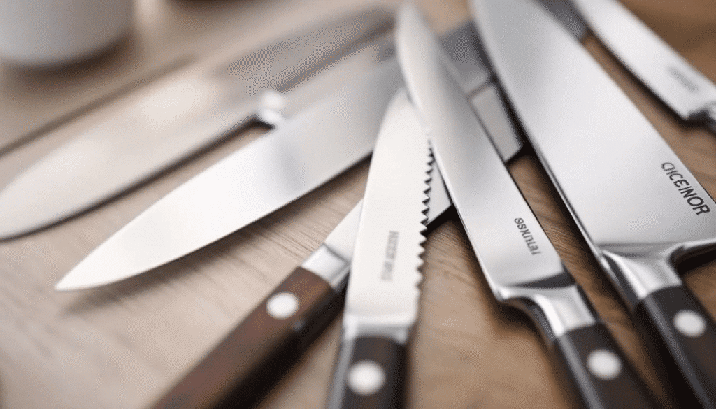 The image features a variety of stainless steel knives, showcasing their sleek design and sharp edges, ideal for everyday use. These knives, made from high-quality stainless steels like VG-10 and AUS-10, are known for their corrosion resistance and excellent edge retention, making them a reliable choice for home cooks and professional chefs alike.