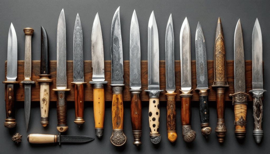 The image showcases a collection of historical knives that have significantly influenced the knife world, including iconic styles like the clip point blade, bowie knife, and swiss army knife. Each knife reflects a rich heritage and cultural significance, illustrating the evolution of knife design and practical use throughout history.