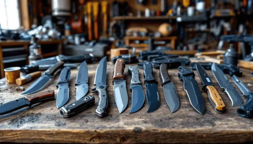 The image showcases a collection of American knives, featuring various styles such as a rugged survival knife with a fixed blade, a versatile Swiss Army knife, and a classic Bowie knife, all highlighting the rich history and cultural significance of knives in the knife world. The display emphasizes the practical tools and high-quality craftsmanship that define these iconic knives, making them essential for both everyday carry and survival skills.