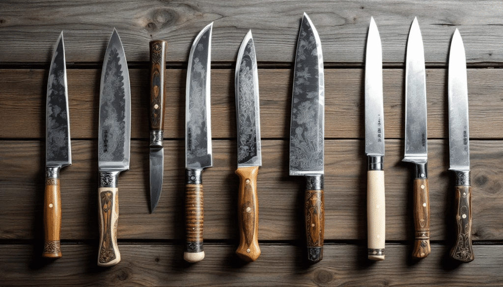 The image showcases a variety of Asian knives featuring unique shapes and designs, including a chef's knife with a broad blade and a traditional Japanese tanto known for its precise cuts. These high-quality knives reflect the rich heritage and cultural significance of knife making, highlighting both practical uses and artistic craftsmanship in the knife world.