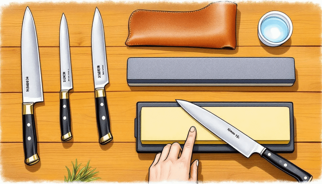 The image depicts a person demonstrating the knife sharpening process using a Japanese whetstone, focusing on maintaining the correct sharpening angle for a Japanese knife. The scene highlights the importance of gentle strokes and the use of different grit levels to achieve a razor-sharp cutting edge while preserving the blade edge's unique geometry.