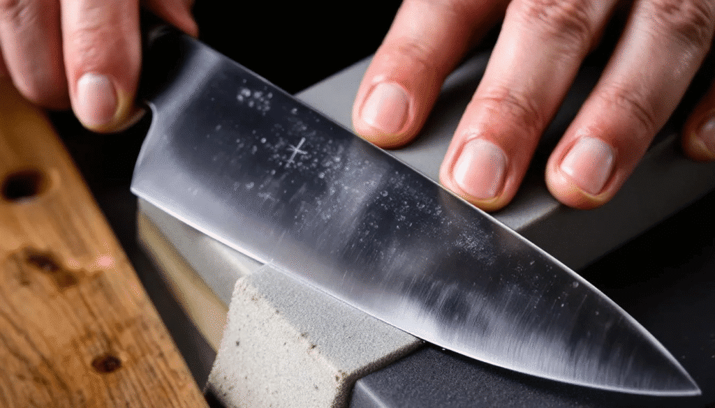 An image depicts a person sharpening a Japanese chef's knife on a whetstone, carefully holding the blade at a precise angle of 10 to 20 degrees. The focus is on the technique of maintaining the correct angle for effective sharpening, ensuring a sharp and even cutting edge.