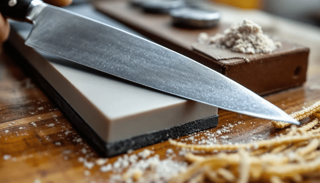 The image illustrates various advanced sharpening methods for Japanese chef knives, showcasing a progression of Japanese whetstones from coarse to fine grit, along with a leather strop for achieving a mirror-polished edge. It emphasizes the importance of maintaining the correct sharpening angle for both single bevel and double bevel edge knives to ensure a sharp and precise cutting edge.