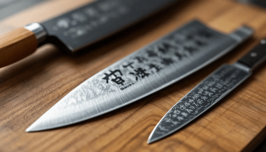The image showcases a collection of traditional Japanese knives, including a Deba knife and a Gyuto knife, displayed elegantly on a wooden cutting board. Each knife features unique blade shapes and high-quality materials, reflecting the craftsmanship and cultural significance of Japanese culinary tools, ideal for tasks like slicing vegetables and filleting fish.