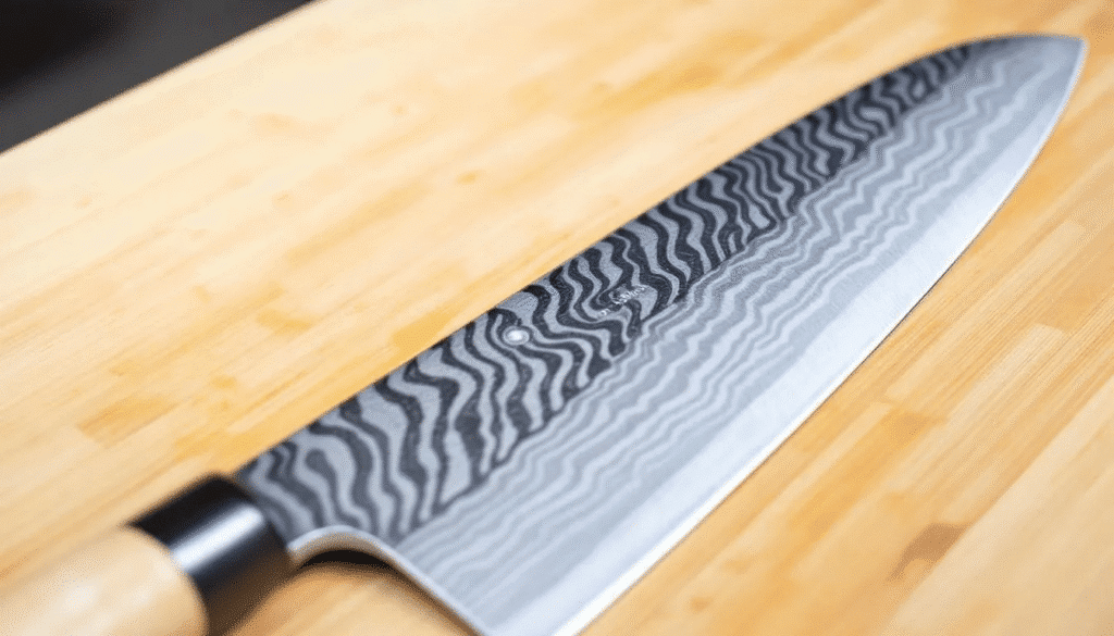 image - Japanes Knives Tips The image features a beautifully crafted Katsu Kiritsuke Chef Knife, showcasing its sharp damascus blade with unique patterns and a handcrafted octagonal handle made of ebony wood, perfect for comfortable grip during cooking. This versatile Japanese kitchen knife is designed for seamless use, making it an essential tool for chefs and cooking enthusiasts alike.