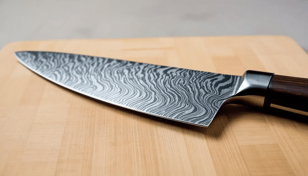 image - Japanes Knives Tips The image features a beautifully crafted katsu kiritsuke chef knife, showcasing its unique Damascus blade with intricate patterns. The knife is presented in an exquisite katsu gift box, complete with a handcrafted octagonal handle made from ebony wood, emphasizing its lightweight design and ergonomic grip for seamless use in the kitchen.