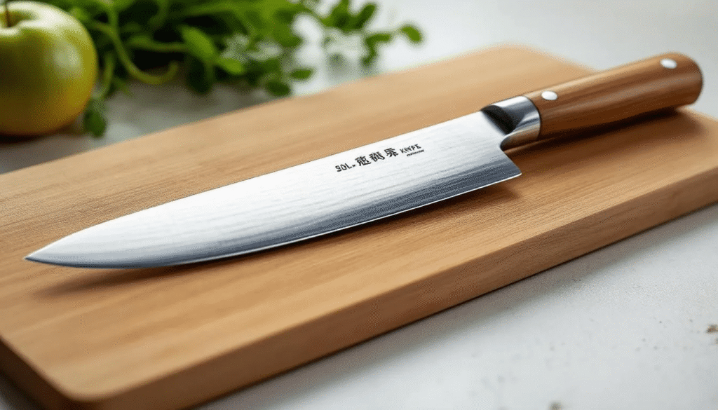 image - Japanes Knives Tips The image showcases a selection of high-quality Japanese hammered knives, including a gyuto, santoku, and petty knife, each displaying exquisite craftsmanship and razor-sharp edges. These traditional Japanese kitchen knives, known for their balance and durability, are ideal for precise slicing of vegetables, fish, and meat, reflecting the long history and artistry of knife making in Sakai City, Japan.