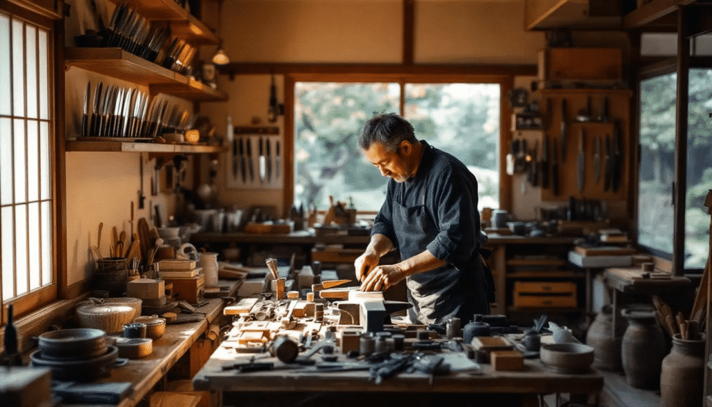 image - Japanes Knives Tips The image depicts a skilled artisan at work in a Japanese knife making workshop, showcasing the intricate process of forging a high-quality kitchen knife. Surrounded by traditional tools and materials, the craftsman demonstrates the meticulous attention to detail and craftsmanship that has defined Japanese knife making for centuries.