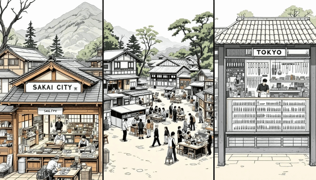 image - Japanes Knives Tips The image showcases a variety of Japanese knives from different regions, highlighting the unique styles of Sakai City, Takefu Knife Village, and Tokyo. Each knife reflects the craftsmanship and cultural heritage of its location, emphasizing the diversity and quality of Japanese blade making.