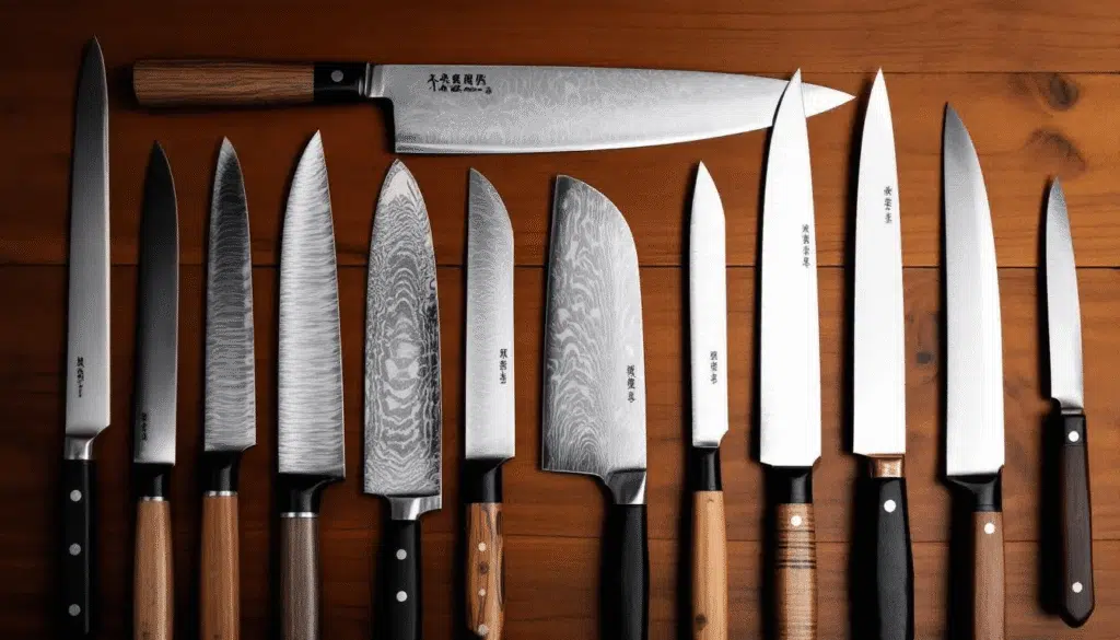 image - Japanes Knives Tips The image showcases a collection of exquisite Japanese knives, highlighting their elegant designs and high carbon steel blades, each featuring unique maker's marks that signify their craftsmanship. The knives rest on a wooden surface, emphasizing the superior quality and precision of these traditional Japanese kitchen tools, which are celebrated for their sharpness and balance.