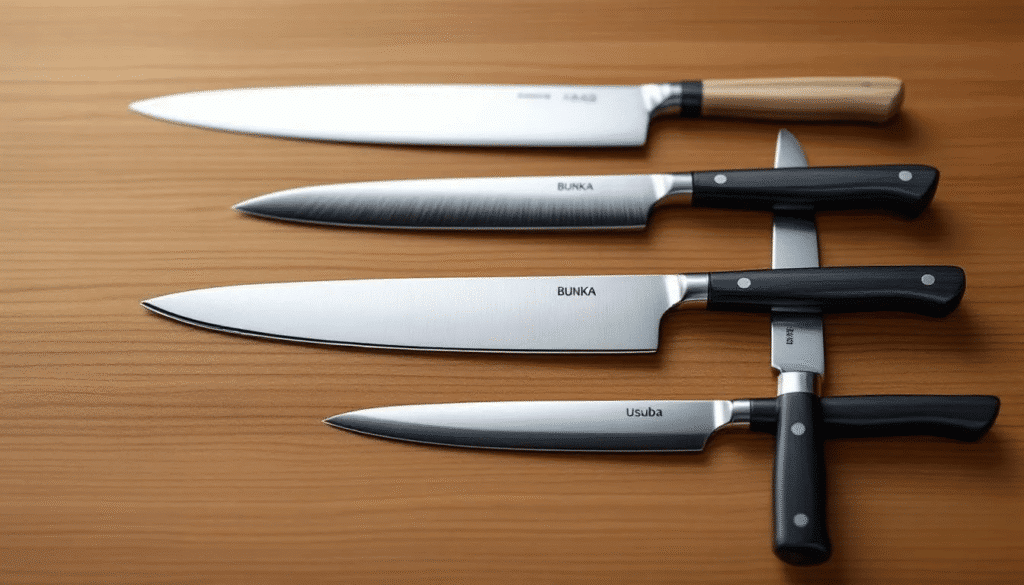 The image showcases an array of traditional Japanese knives, including the Deba knife, Bunka knife, and Yanagiba, each designed for specific culinary tasks such as filleting fish and slicing vegetables. The high-quality HDR photograph highlights the unique features of these specialty knives, emphasizing their precision and craftsmanship essential for sushi chefs and home cooks alike.