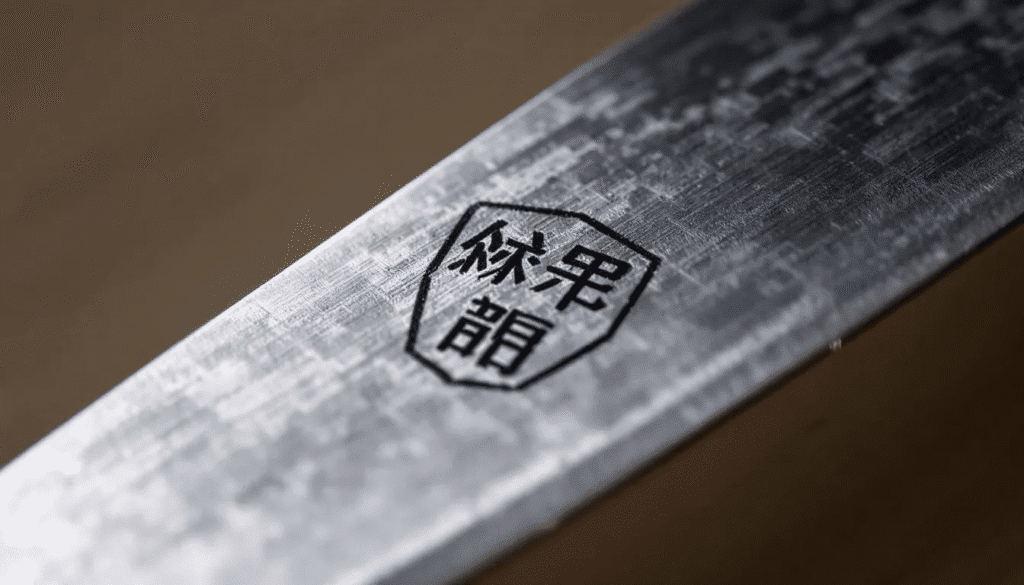 image - Japanes Knives Tips The image showcases various types of Japanese knife makers' marks, including kanji stamps that display the maker's name and steel type, along with unique logos and regional identifiers from places like Sakai City. These markings on the blades of traditional Japanese knives highlight the craftsmanship and quality associated with different knife brands and steel types such as VG-10 and high carbon steel.