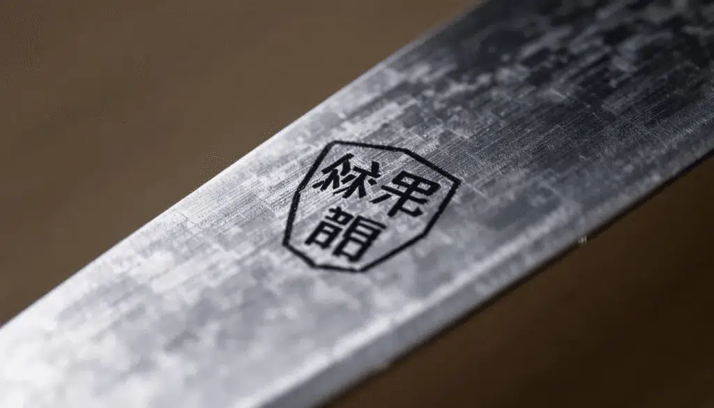 image - Japanes Knives Tips The image showcases various types of Japanese knife makers' marks, including kanji stamps that display the maker's name and steel type, along with unique logos and regional identifiers from places like Sakai City. These markings on the blades of traditional Japanese knives highlight the craftsmanship and quality associated with different knife brands and steel types such as VG-10 and high carbon steel.