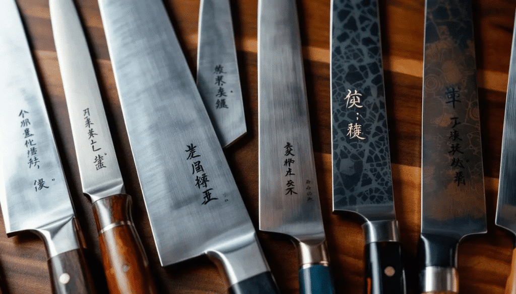 image - Japanes Knives Tips The image depicts various traditional Japanese knives from renowned regions such as Sakai City, Tokyo, and Echizen, showcasing unique maker's marks that reflect their craftsmanship and history. Each knife, crafted from high carbon steel or other superior materials, features distinct characteristics like precision forging and wooden handles, representing the rich heritage of Japanese blade-making.