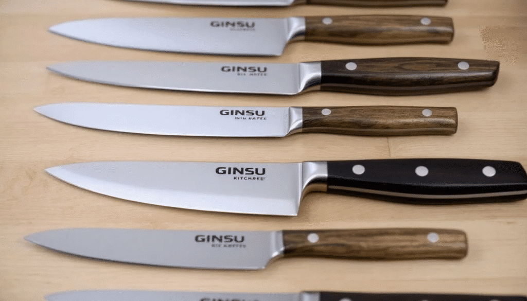image - Japanes Knives Tips The image showcases a set of Ginsu kitchen knives, including a forged blade made from premium Japanese stainless steel, neatly arranged in a bamboo block. The knives feature sharp edges and durable handles, emphasizing their craftsmanship and suitability for both professional chefs and home cooks.