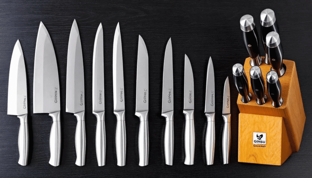 image - Japanes Knives Tips The image showcases the Ginsu Chikara Series, featuring a collection of premium Japanese stainless steel kitchen knives, including chef's knives and steak knives, elegantly arranged in a finished hardwood block. The knives are crafted for durability and precision, with sharp edges that cater to both professional chefs and home cooks alike.
