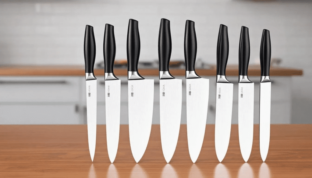 The image showcases the Aikido Steel Signature 7-Piece Knife Set, featuring a collection of high-quality kitchen knives including a chef's knife, paring knife, and bread knife, all designed with comfortable wooden handles and precision steel blades. This set exemplifies professional quality, ideal for both culinary enthusiasts and home cooks looking to enhance their food preparation experience.