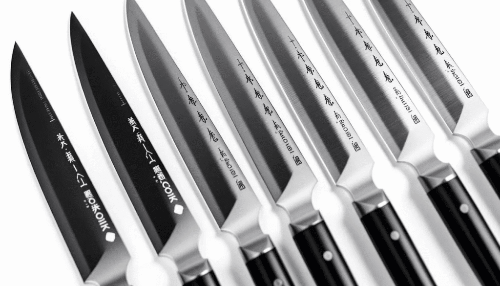 The image showcases a collection of Aikido Steel knives, featuring high carbon steel blades that are both sturdy and lightweight, designed for precision cuts in the kitchen. The knives include a chef's knife, paring knife, and utility knife, all with comfortable grips and a sleek, modern aesthetic, ideal for both home cooks and professional chefs.