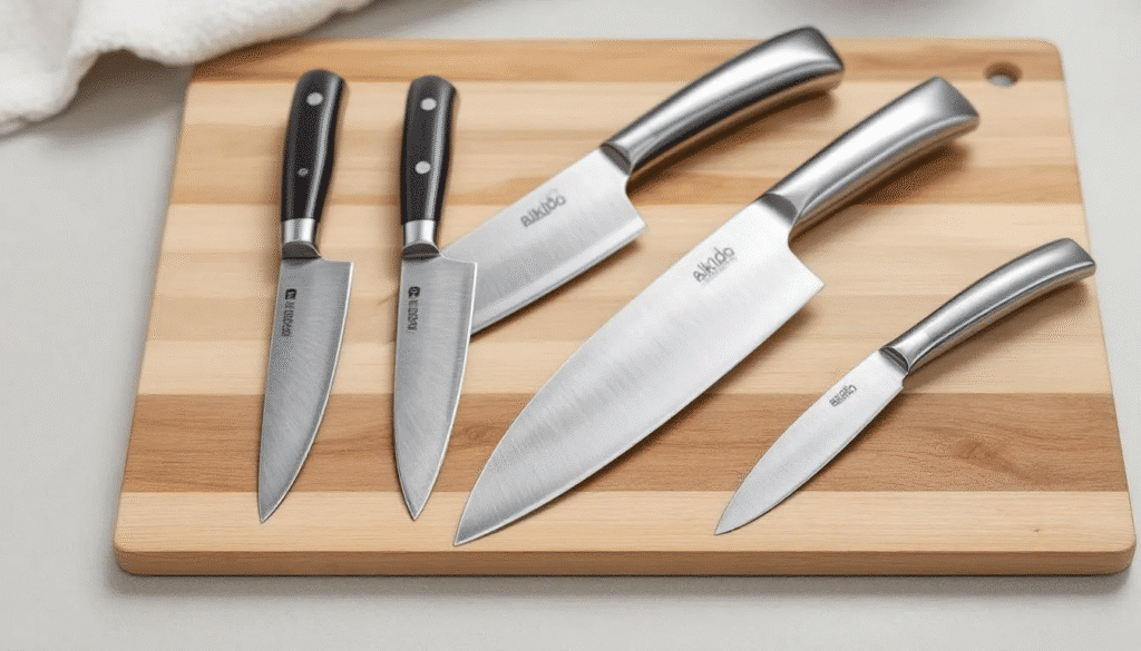 The image depicts a collection of aikido knives, showcasing their sleek stainless steel blades and comfortable wooden handles, emphasizing easy care and maintenance tips for preserving their quality. These thoughtfully designed kitchen knives, including a chef's knife and a paring knife, highlight the importance of hand washing to avoid rust and maintain their factory sharpness.