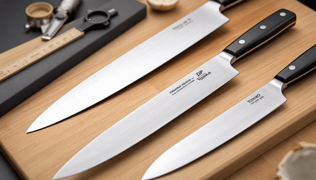 image - Japanes Knives Tips The image showcases a collection of high-quality Tojiro knives, including a gyuto, santoku, and nakiri, all displayed on a wooden cutting board. Each knife features sharp blades made from durable high-carbon steel, with the Tojiro DP Gyuto prominently marked for authenticity, highlighting their excellent performance and ease of use in the kitchen.