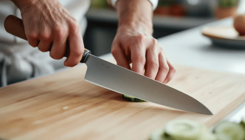 The image showcases a variety of Japanese knives, including a santoku knife and a gyuto knife, displayed on a wooden cutting board, highlighting their thin blades and straight edges. These traditional Japanese knives are designed for precision cutting techniques, making vegetable preparation and slicing meat effortless for both professional chefs and home cooks.