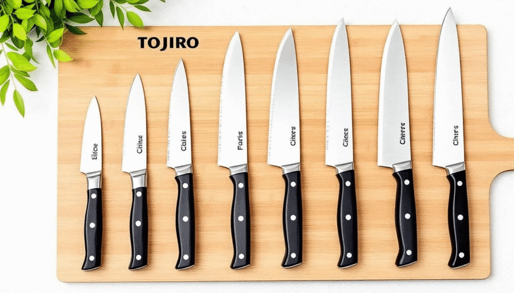 image - Japanes Knives Tips The image shows a well-maintained Tojiro knife, highlighting its sharp edge and high-quality carbon steel blade, resting on a wooden cutting board. Proper care, such as hand washing and regular honing, is essential for preserving the knife's performance and longevity.