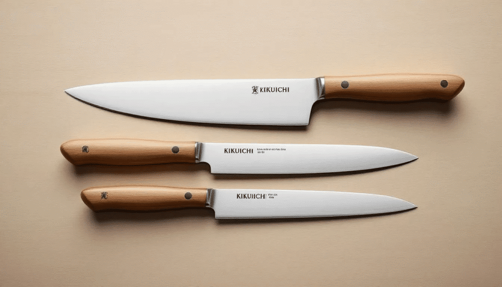image - Japanes Knives Tips The image showcases a collection of Kikuichi knives, highlighting their exquisite craftsmanship and sharp blades, which reflect the brand's rich heritage in Japanese cutlery. Each knife is designed for performance, blending traditional techniques with modern innovations, making them a favorite among chefs and home cooks alike.
