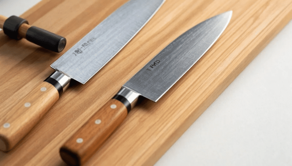 image - Japanes Knives Tips The image showcases a selection of Kikuichi knives, highlighting their thin, sharp blades designed for precision and control in culinary tasks. These Japanese knives, made from high-quality carbon steel, exemplify excellence in craftsmanship and are favored by professional chefs for their superior performance and acute cutting angles.