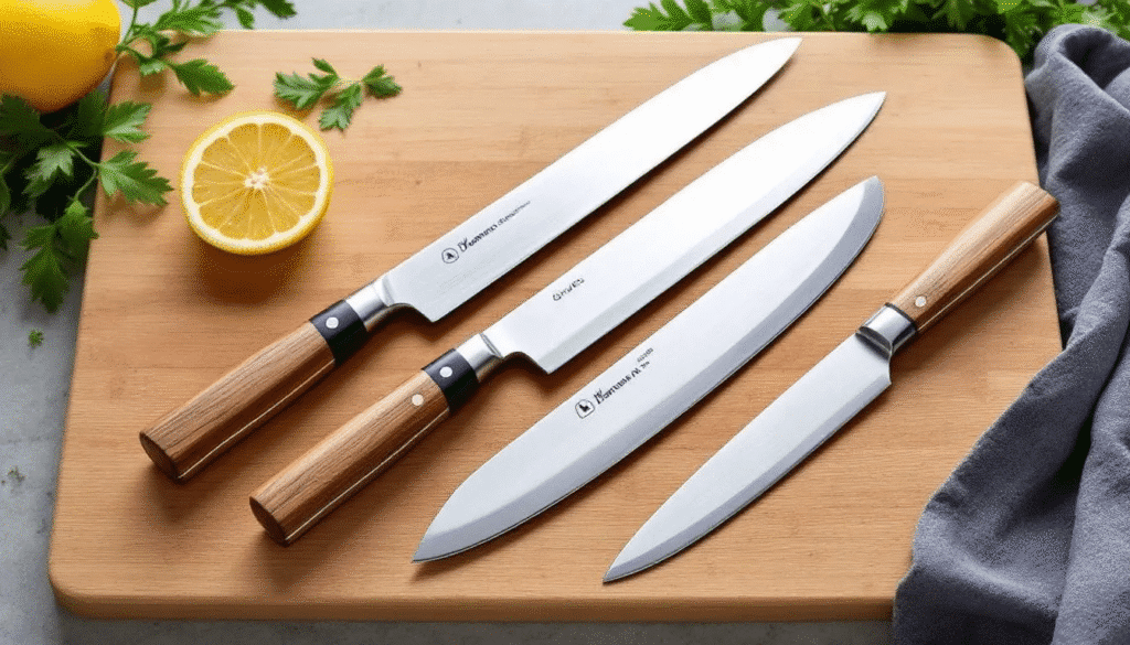 The image features a selection of beautifully crafted Japanese kitchen knives, showcasing their elegant designs and sharp blades, ideal for precise cuts in culinary tasks. Each knife reflects the quality craftsmanship and tradition of Japanese knife-making, making them essential tools for both professional chefs and home cooks alike.