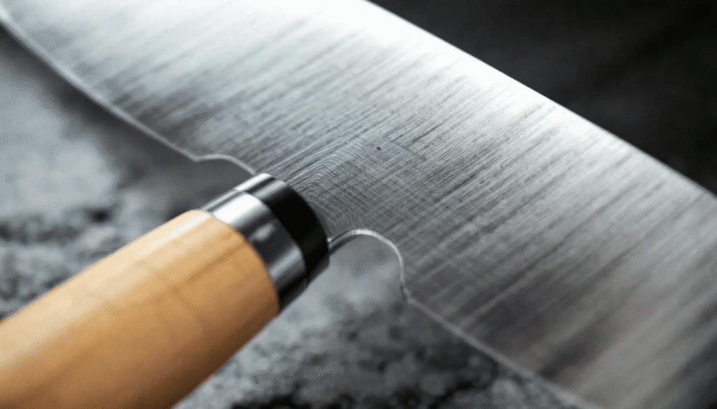 The image showcases a selection of beautifully crafted Japanese knives, highlighting their wooden handles made from natural materials like Japanese maple and cherry, which provide both comfort and elegance. The knives are designed with a full-tang construction for enhanced strength and balance, making them ideal tools for professional chefs and home cooks alike.